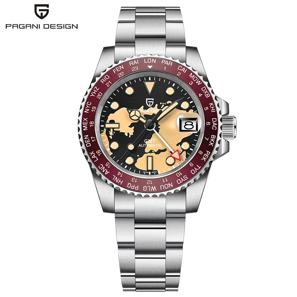 PAGANI DESIGN PD-1758 GMT Automatic Men's Watch - Dagger & Diamond Black red