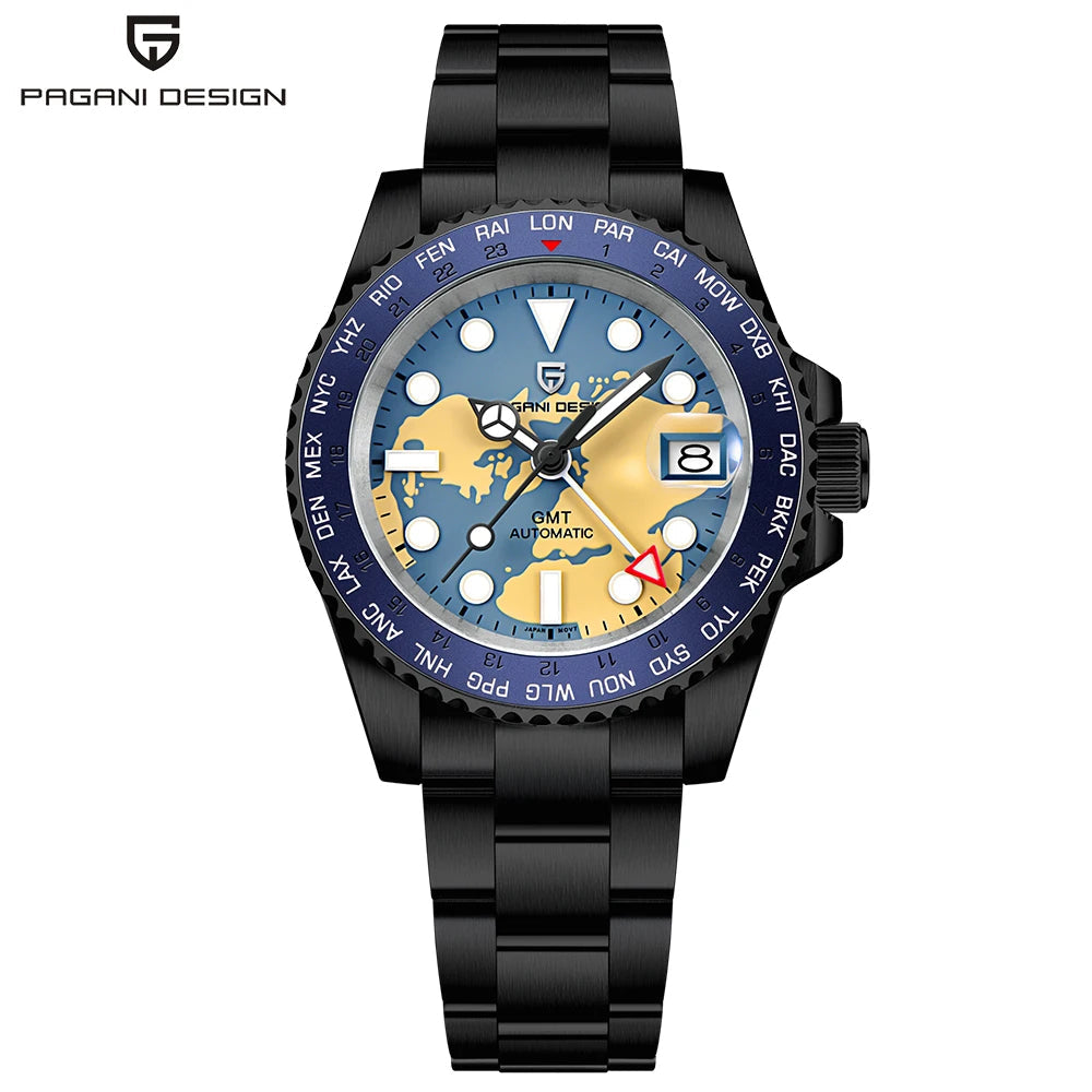 PAGANI DESIGN PD-1758 GMT Automatic Men's Watch - Dagger & Diamond All black blue