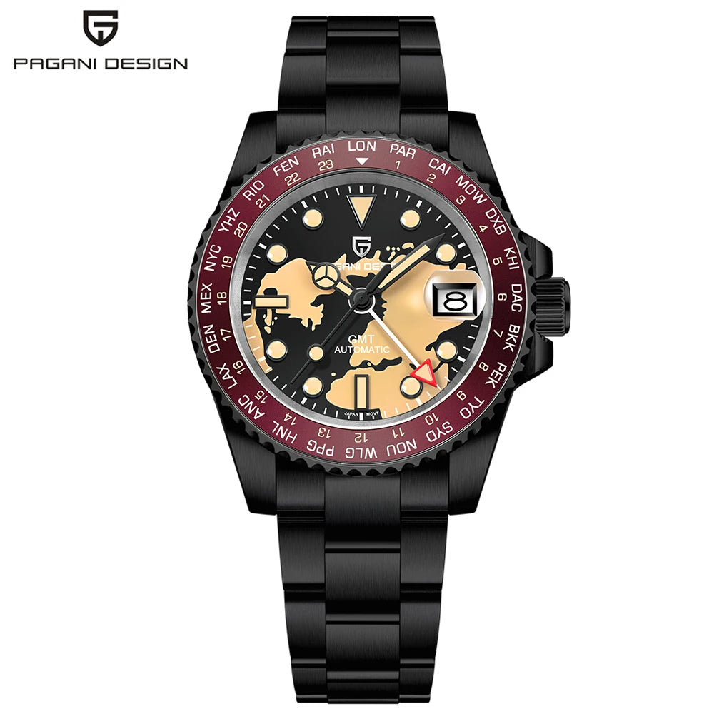 PAGANI DESIGN PD-1758 GMT Automatic Men's Watch - Dagger & Diamond Black Shell Red