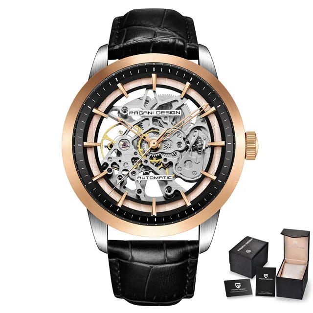 PAGANI DESIGN PD-1638 Luxury Skeleton Automatic Watch for Men - Dagger & Diamond Gold Black