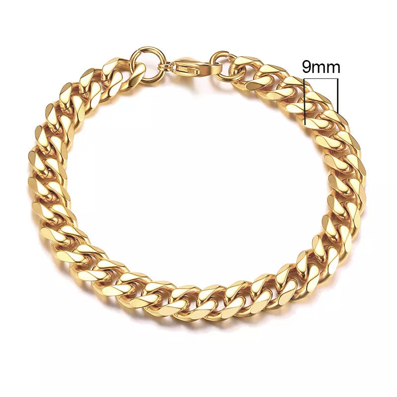 Miami Curb Chain Bracelet for Men - Dagger & Diamond 9mm Gold / 18cm