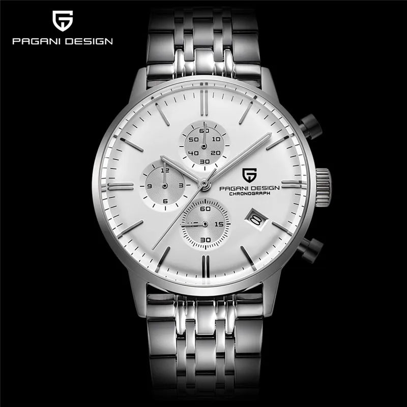 PAGANI DESIGN PD-2720K Luxury Sport Chronograph Quartz Watch for Men - Dagger & Diamond Steel white