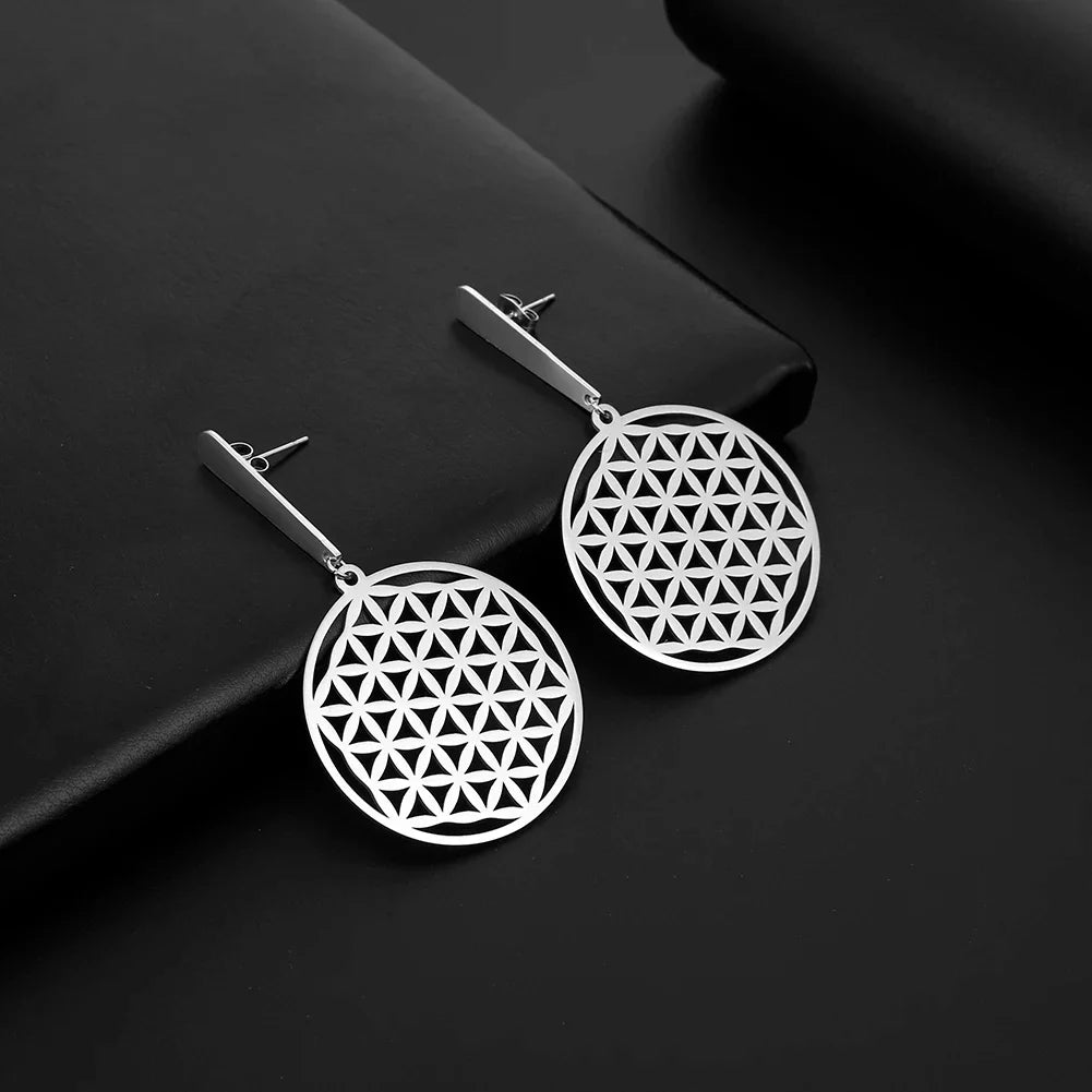 Flower of Life Drop Earrings - Dagger & Diamond 1 Silver