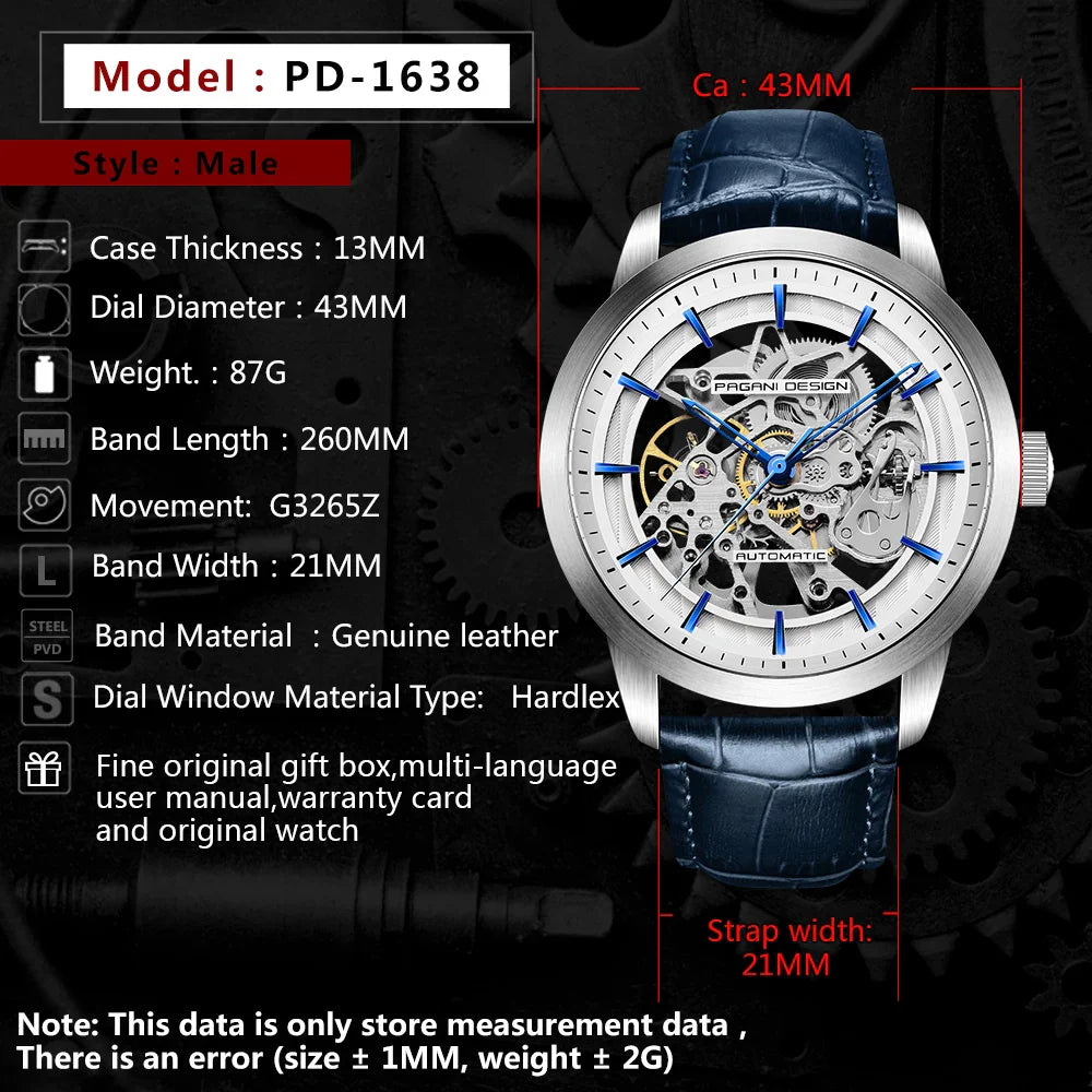 PAGANI DESIGN PD-1638 Luxury Skeleton Automatic Watch for Men - Dagger & Diamond