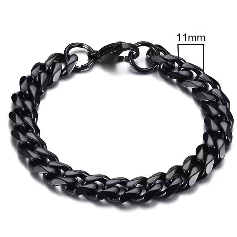 Miami Curb Chain Bracelet for Men - Dagger & Diamond 11mm Black / 18cm