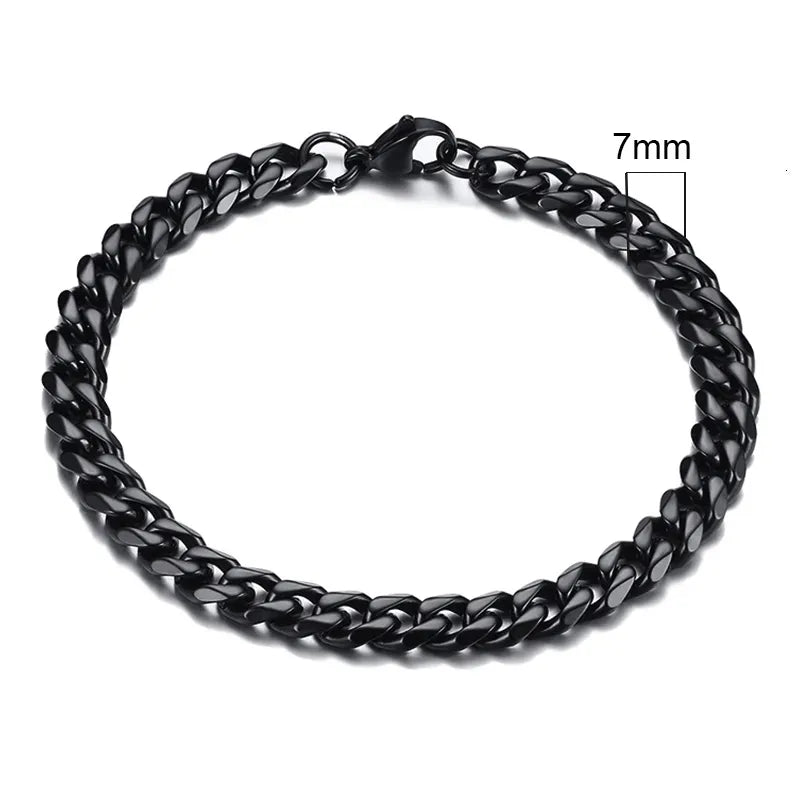Miami Curb Chain Bracelet for Men - Dagger & Diamond 7mm Black / 18cm