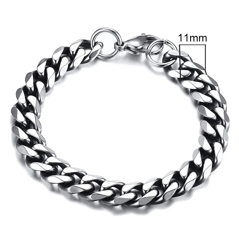 Miami Curb Chain Bracelet for Men - Dagger & Diamond 11mm Vintage Silver / 18cm