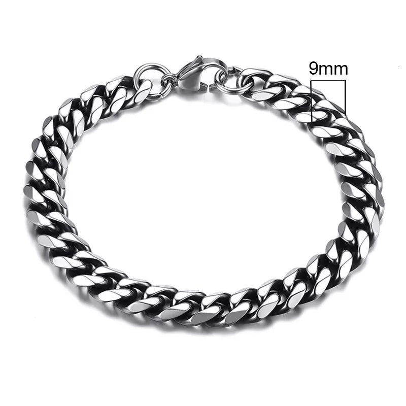 Miami Curb Chain Bracelet for Men - Dagger & Diamond 9mm Vintage Silver / 18cm