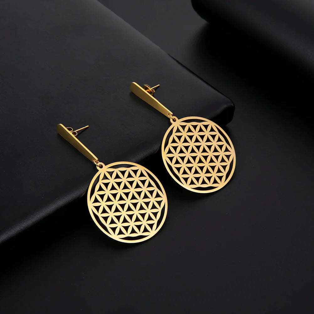 Flower of Life Drop Earrings - Dagger & Diamond 1 Gold