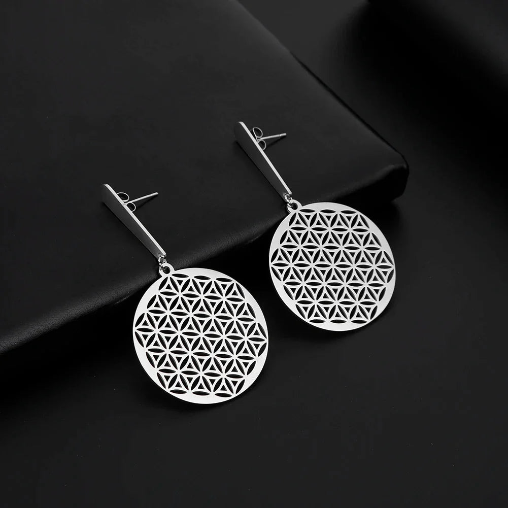 Flower of Life Drop Earrings - Dagger & Diamond 3 Silver