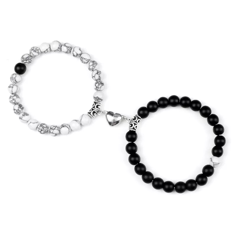 Magnetic Heart Natural Stone Bracelets - Dagger & Diamond Black White