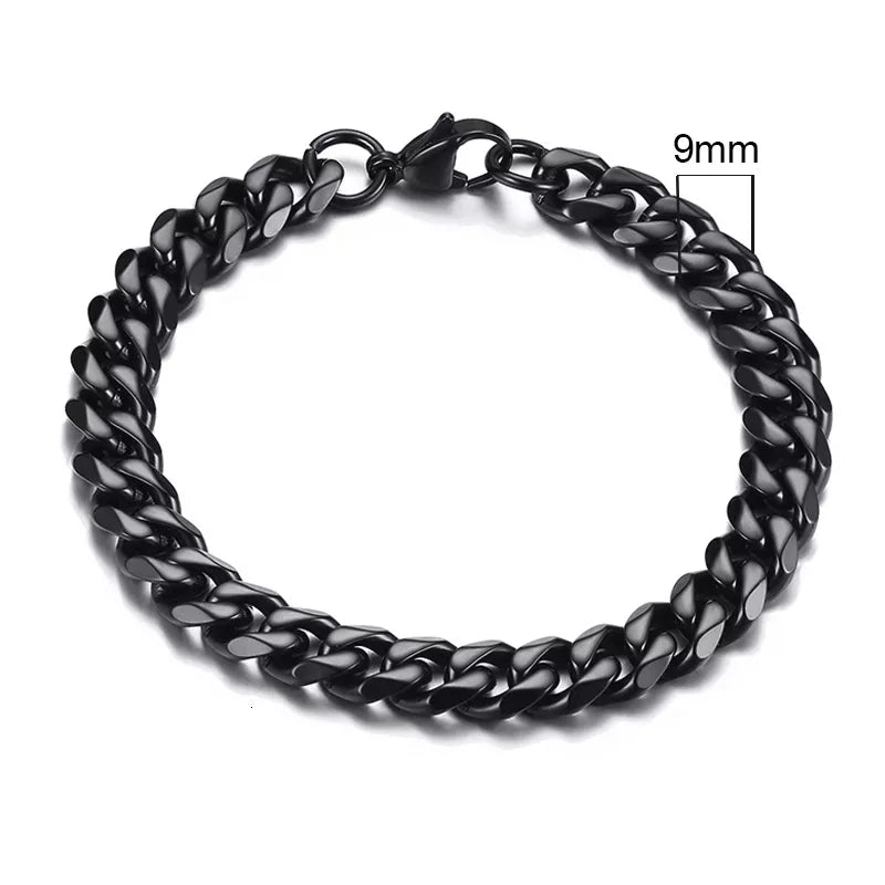 Miami Curb Chain Bracelet for Men - Dagger & Diamond 9mm Black / 18cm