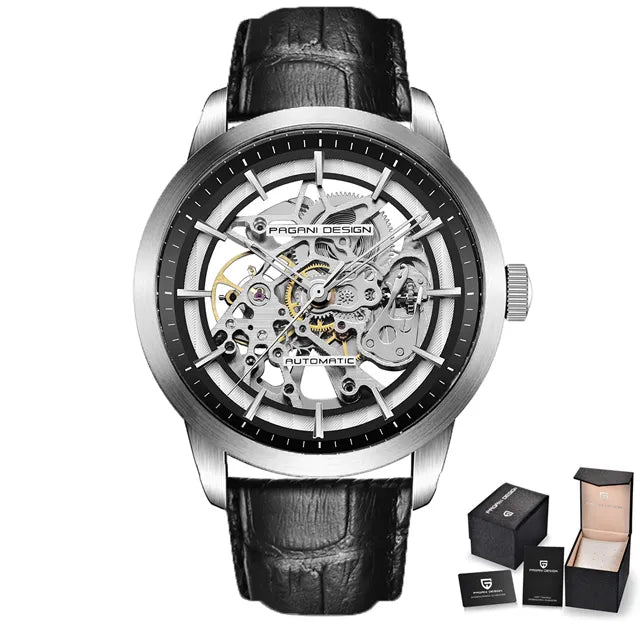 PAGANI DESIGN PD-1638 Luxury Skeleton Automatic Watch for Men - Dagger & Diamond Silver Black