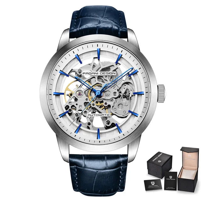 PAGANI DESIGN PD-1638 Luxury Skeleton Automatic Watch for Men - Dagger & Diamond Silver Blue