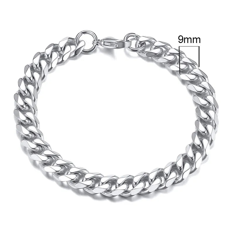 Miami Curb Chain Bracelet for Men - Dagger & Diamond 9mm Silver / 18cm