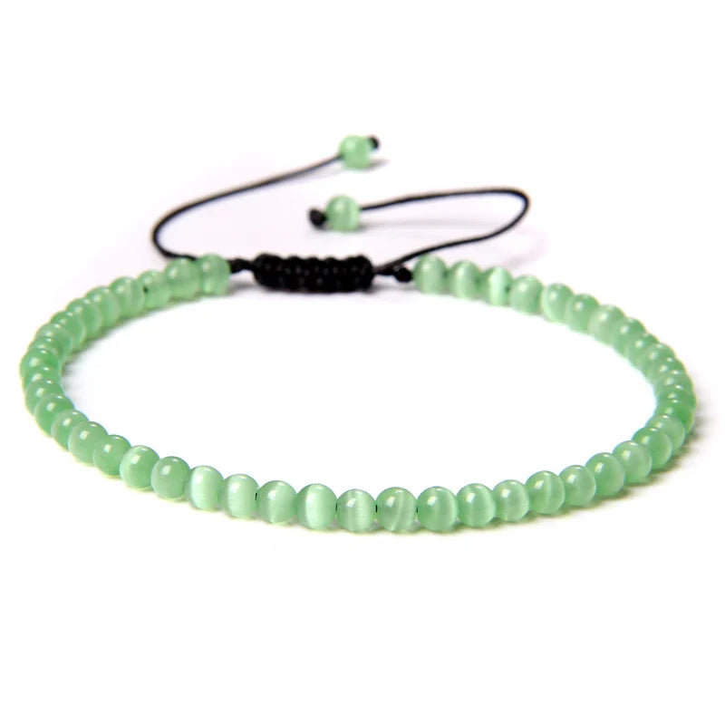 Natural Stone Adjustable Woven Bracelets - Dagger & Diamond green cat eye / Adjustable