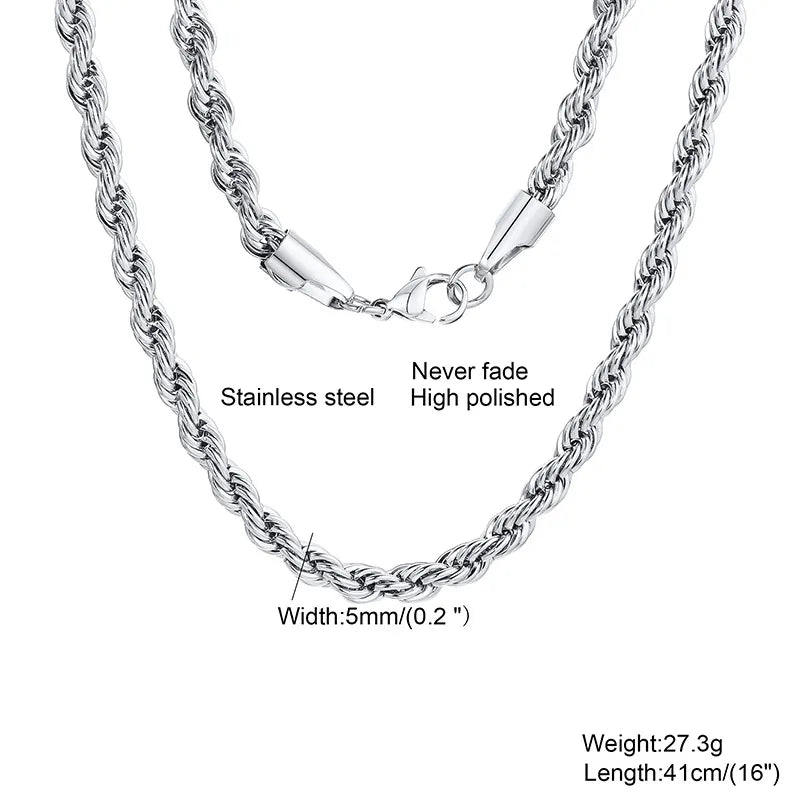 Men's Rope Chain Necklace - Dagger & Diamond 5mm Silver / 18 inch