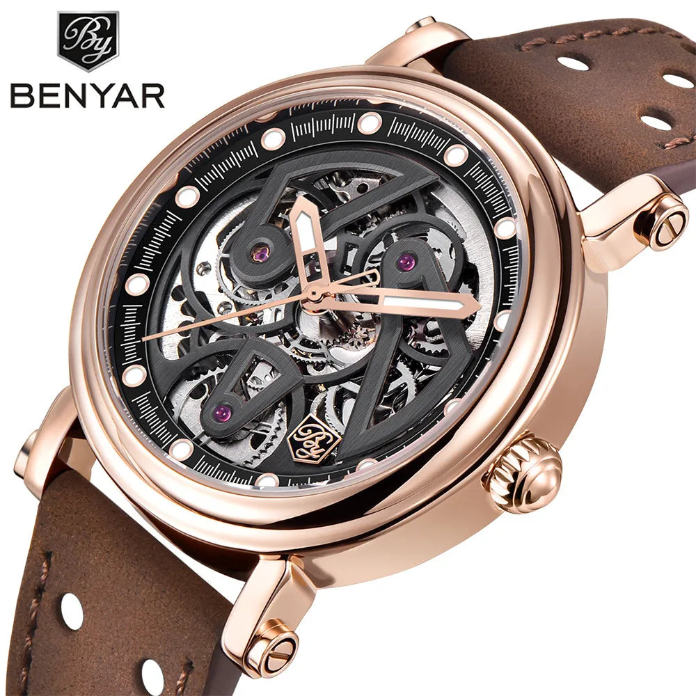 BENYAR BY-5202 Skeleton Automatic Watch for Men - Dagger & Diamond Rose Gold Gray