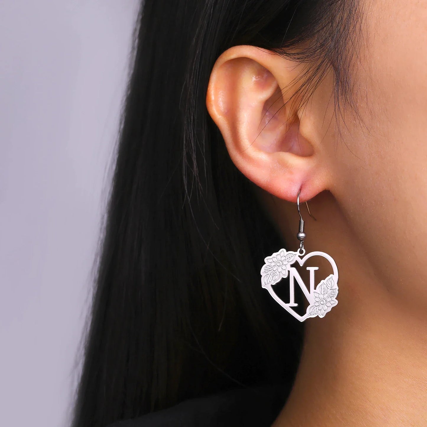 Dainty Heart Flower Initial Drop Earrings