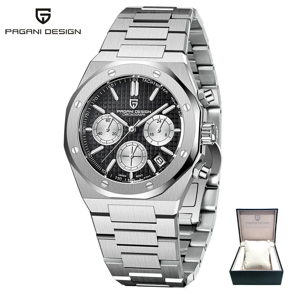 PAGANI DESIGN PD-1707 Royal Sport Luxury Quartz Watch for Men - Dagger & Diamond Silver Black w/Gift Box