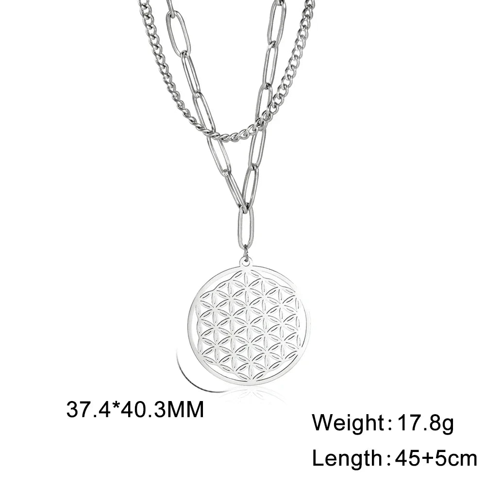 Flower of Life Pendant Paper Clip Curb Layered Necklaces - Dagger & Diamond Silver 2 / 45-50 cm