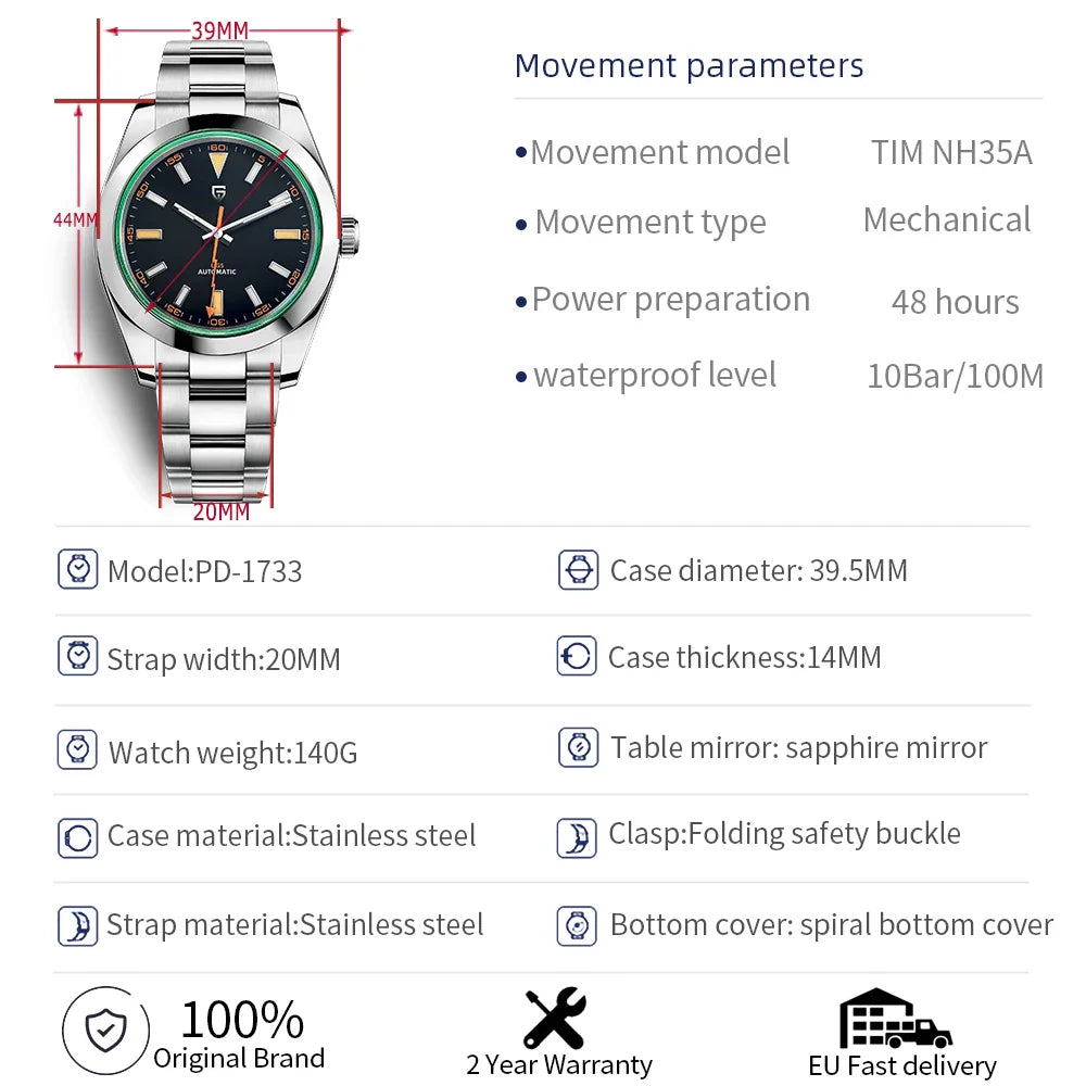 PAGANI DESIGN PD-1733 Green Sapphire Automatic Watch For Men - Dagger & Diamond