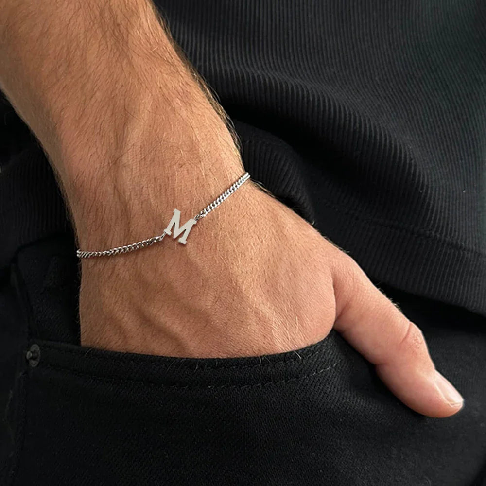 Initial Letter Charm Bracelet for Him - Dagger & Diamond