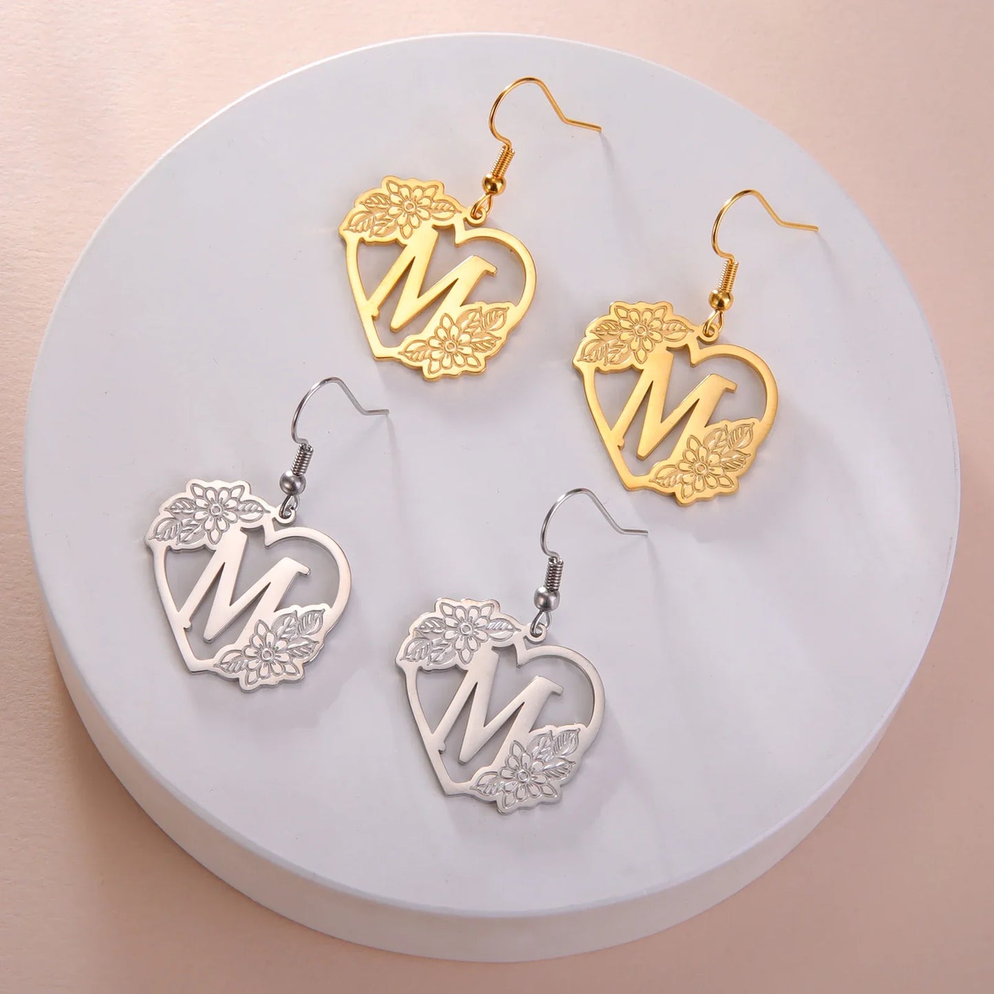 Dainty Heart Flower Initial Drop Earrings