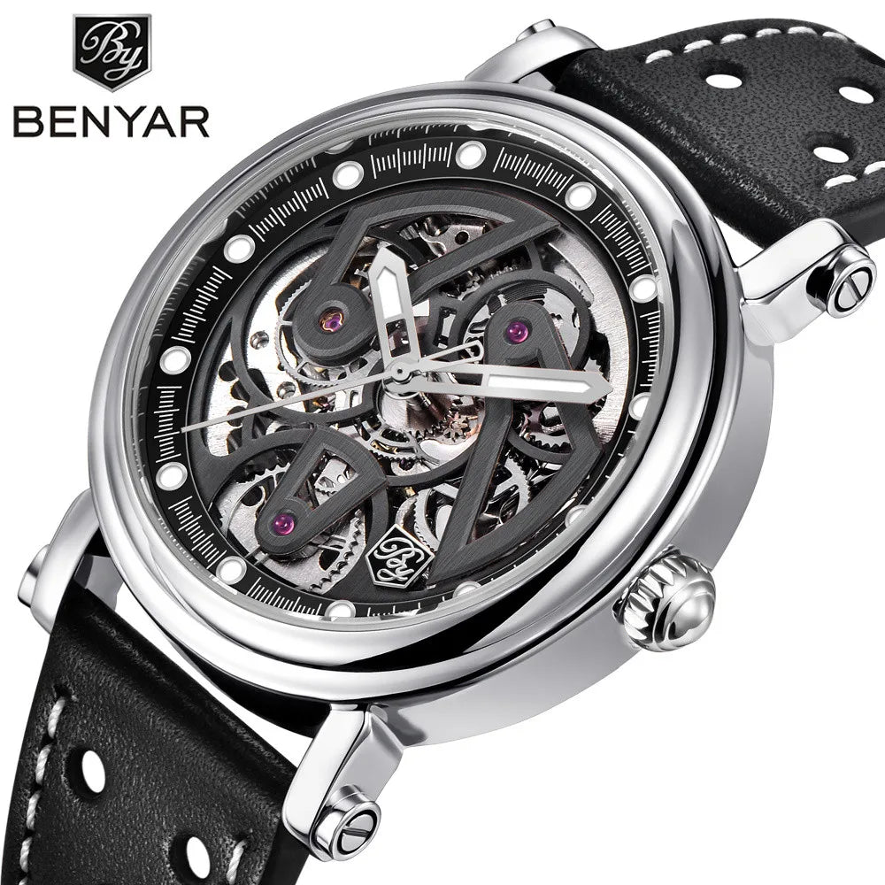 BENYAR BY-5202 Skeleton Automatic Watch for Men - Dagger & Diamond Black