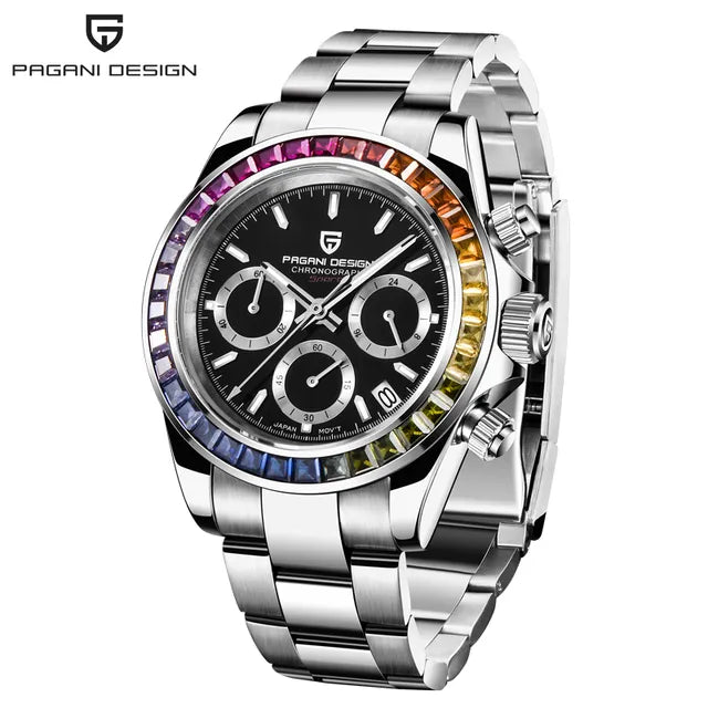 PAGANI DESIGN PD-1644 Rainbow Bezel Chronograph Sport Quartz Watch for Men - Dagger & Diamond Black