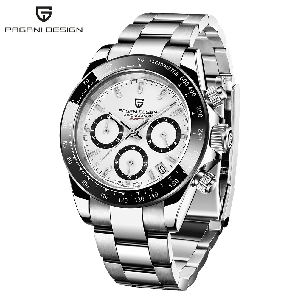 PAGANI DESIGN PD-1644 Ceramic Chronograph Sport Quartz Watches for Men - Dagger & Diamond White Stainless