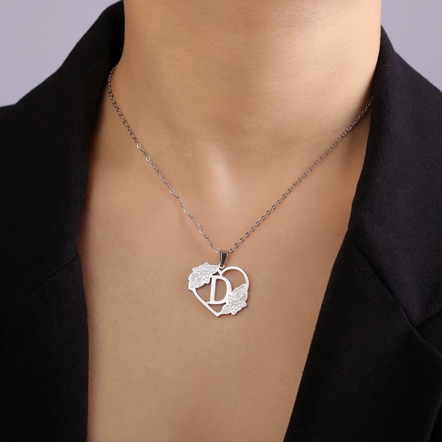 Dainty Heart Flower Initial Pendant Necklace