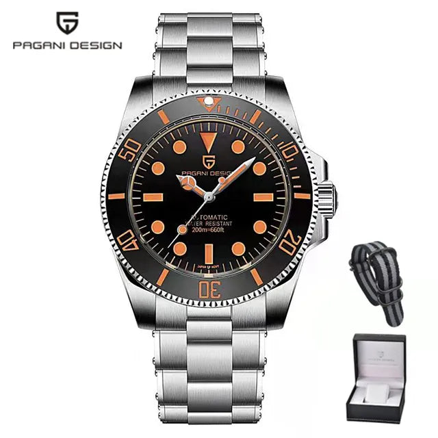 PAGANI DESIGN PD-1694 Ceramic Diver Automatic Watch for Men - Dagger & Diamond Orange with Gift Box