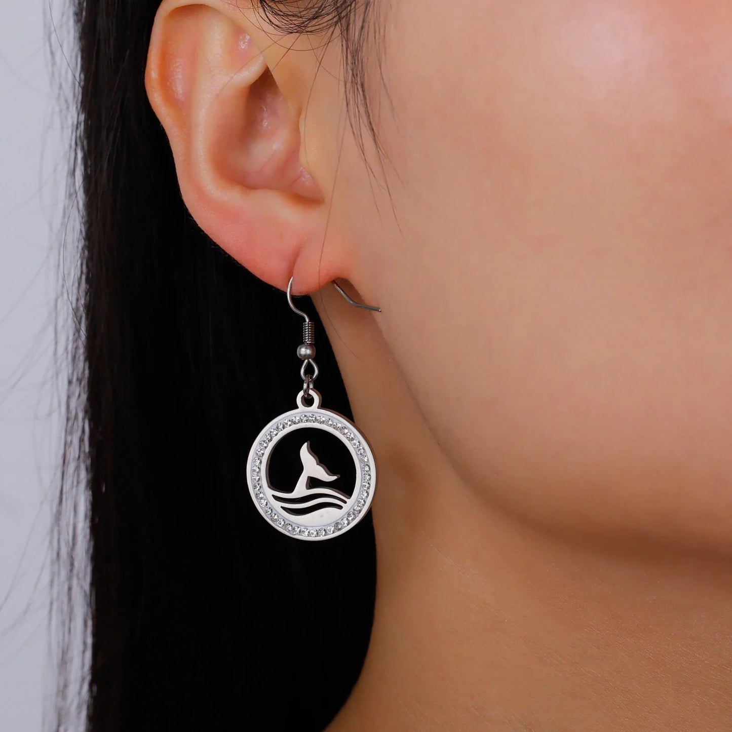 Sea Whale Tail Round Pendant Drop Earrings