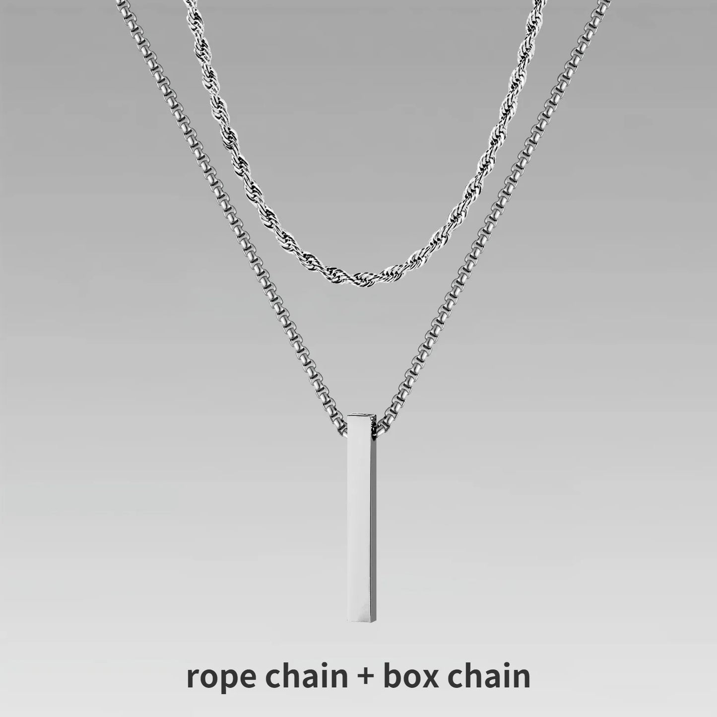 Vertical Bar Pendant Double Chain Necklaces for Men - Dagger & Diamond Silver Rope + Box Chain