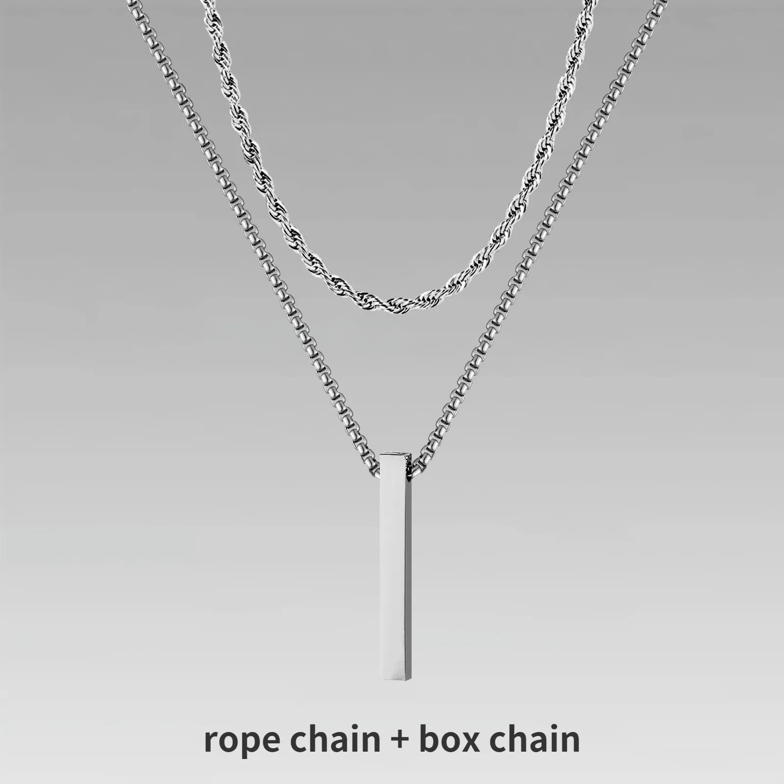 Vertical Bar Pendant Double Chain Necklaces for Men - Dagger & Diamond Silver Rope + Box Chain