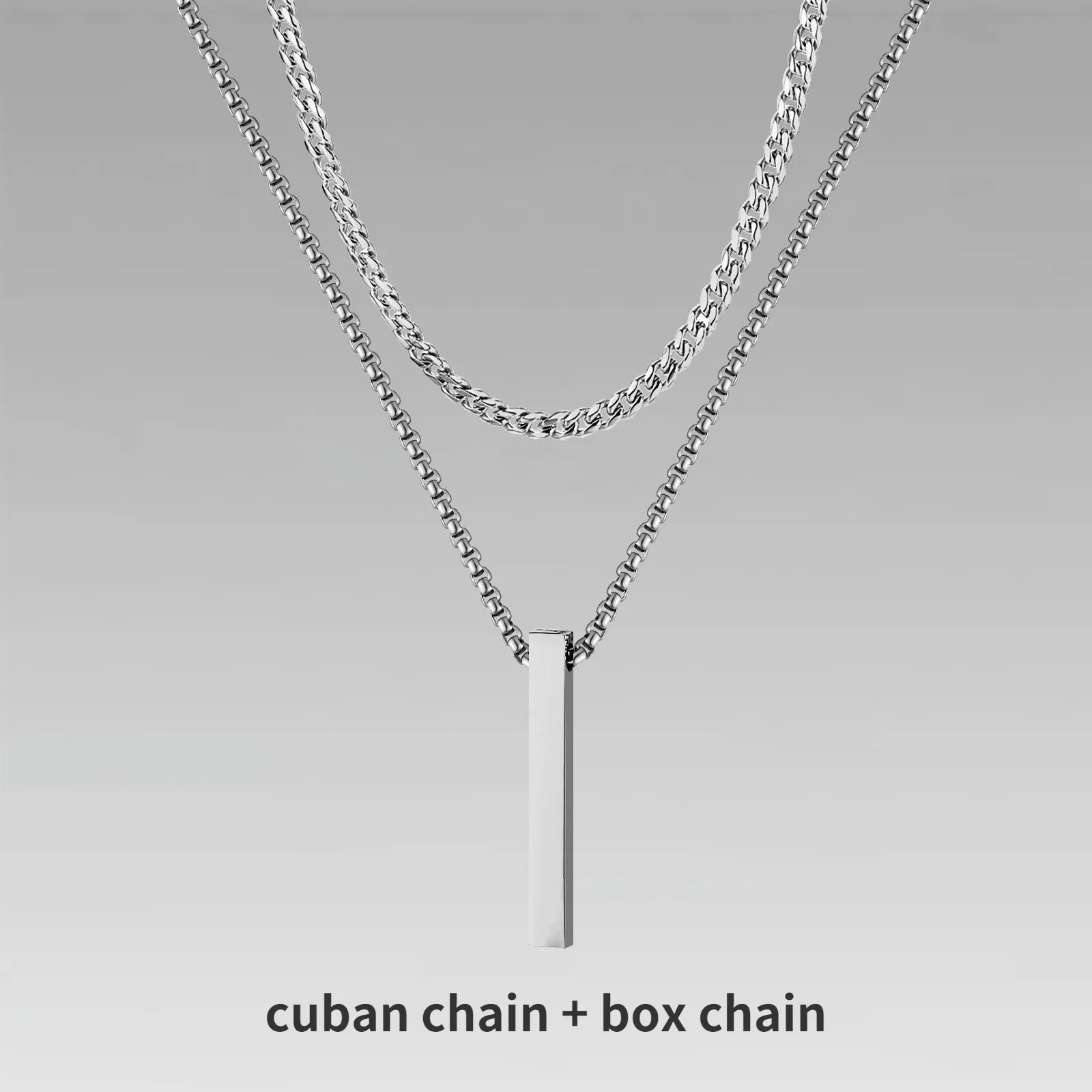 Vertical Bar Pendant Double Chain Necklaces for Men - Dagger & Diamond Silver Cuban + Box Chain