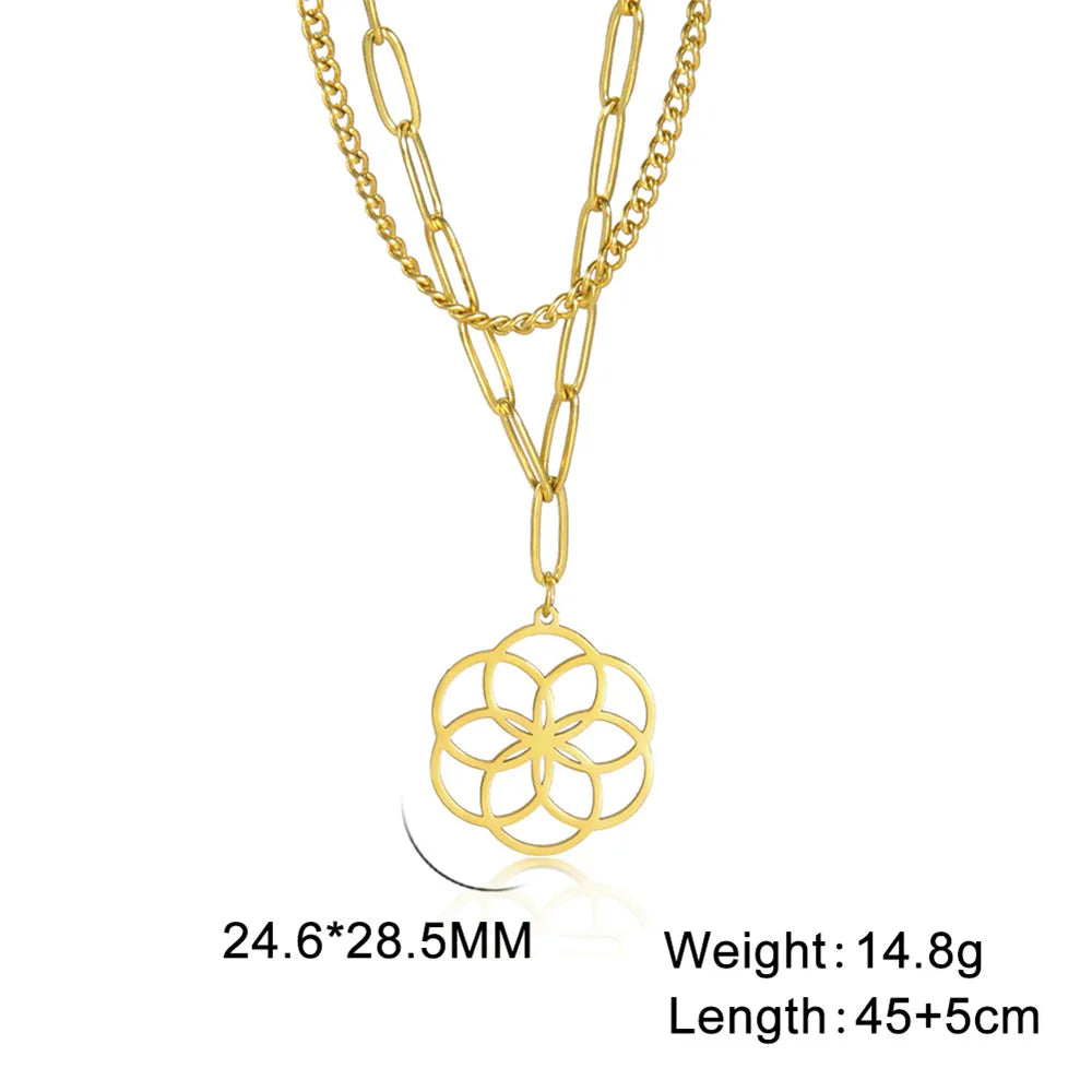 Flower of Life Pendant Paper Clip Curb Layered Necklaces - Dagger & Diamond Gold 1 / 45-50 cm