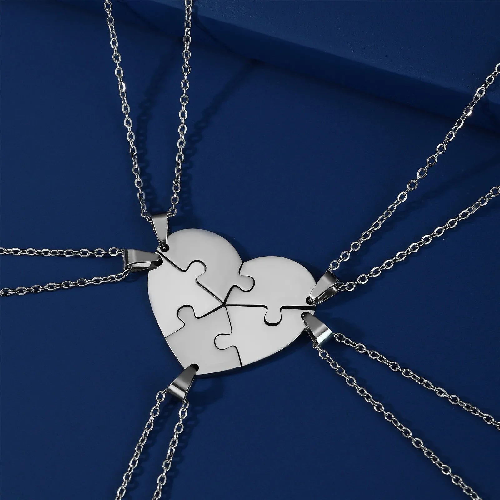 Heart Puzzle Pendant Necklace Set - Dagger & Diamond 5 pcs Silver / 45-50 cm