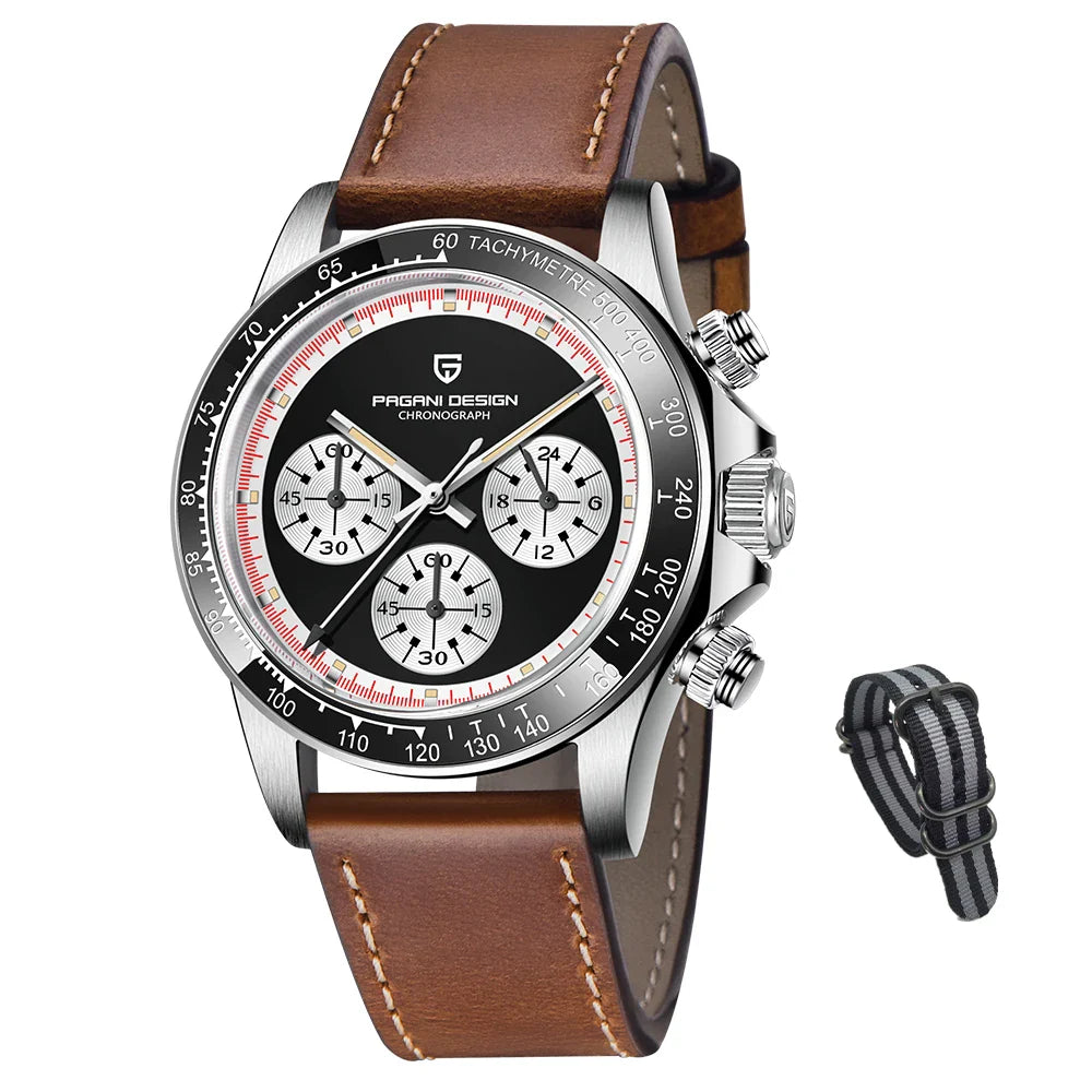 PAGANI DESIGN PD-1676 Luxury Chronograph Quartz Watch for Men - Dagger & Diamond Belt Black