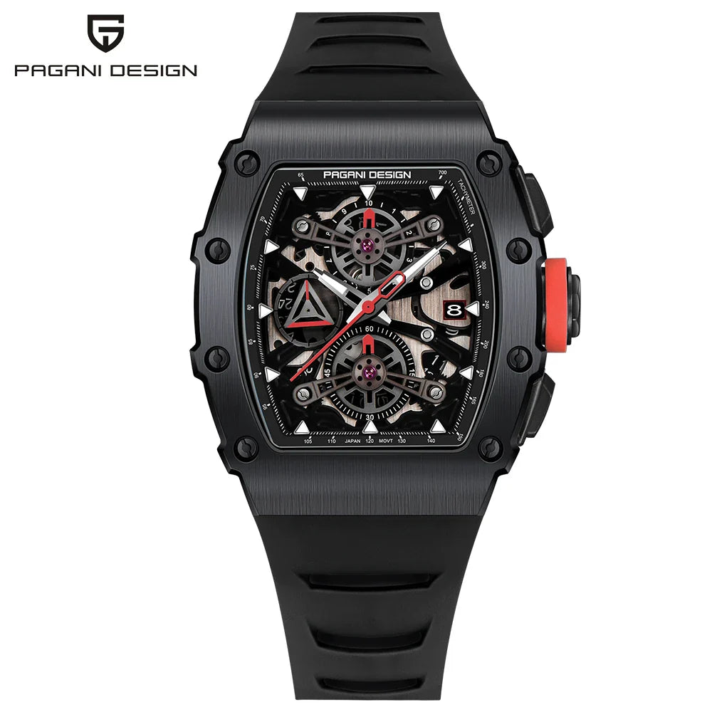 PAGANI DESIGN PD-YS011 Tonneau Luxury Quartz Watch for Men - Dagger & Diamond All Black