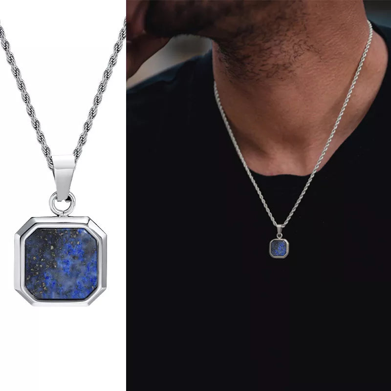 Geometric Square Pendant Necklaces for Men - Dagger & Diamond Blue Rope Silver / 45cm 18inch