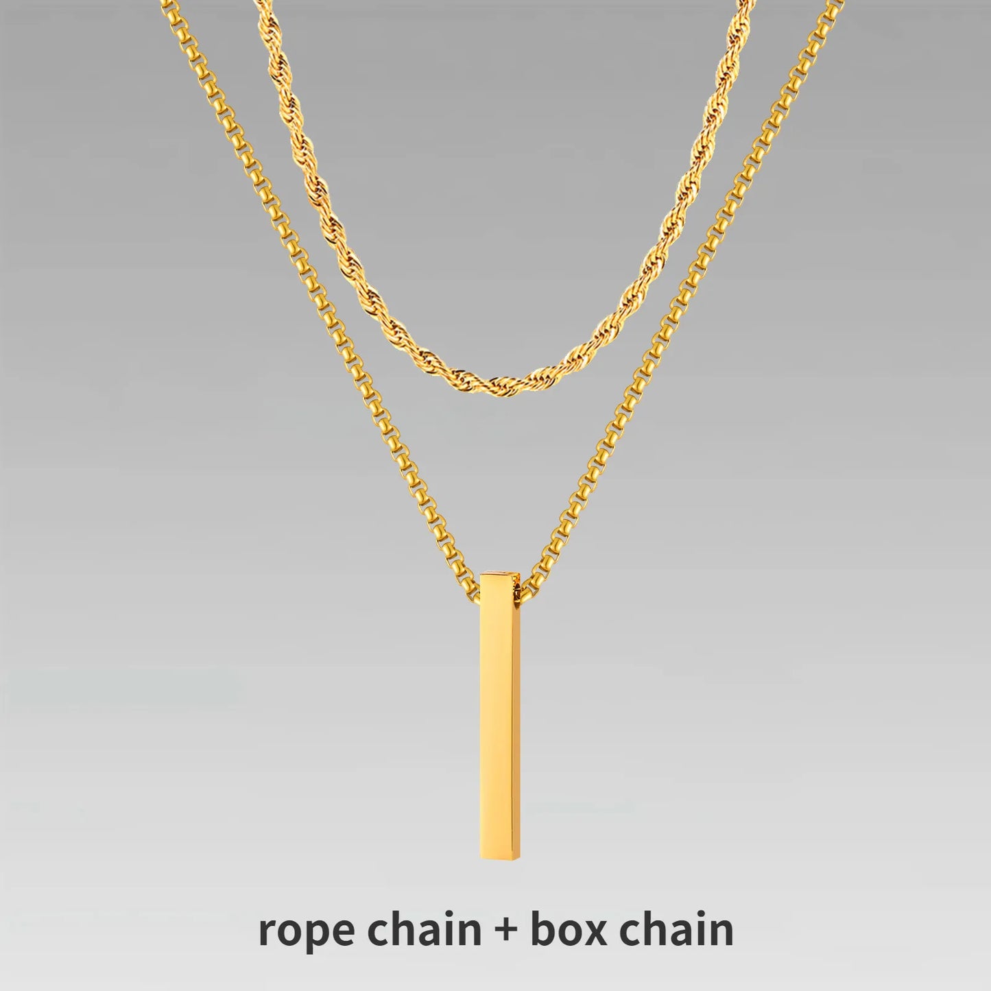 Vertical Bar Pendant Double Chain Necklaces for Men - Dagger & Diamond Gold Rope + Box Chain