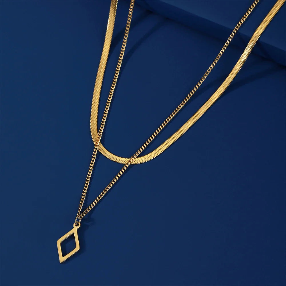 Geometric Pendant Double Chain Layer Necklace