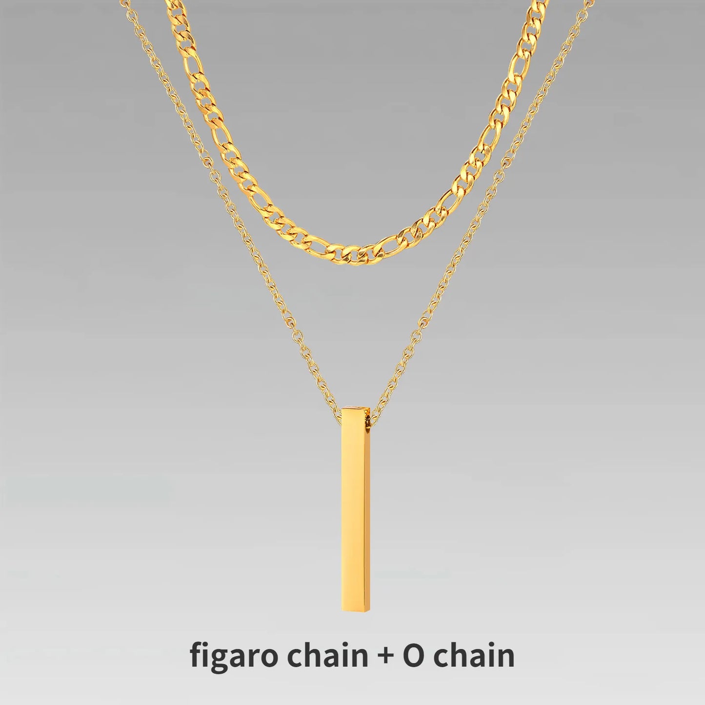 Vertical Bar Pendant Double Chain Necklaces for Men - Dagger & Diamond Gold Figaro + O-Chain