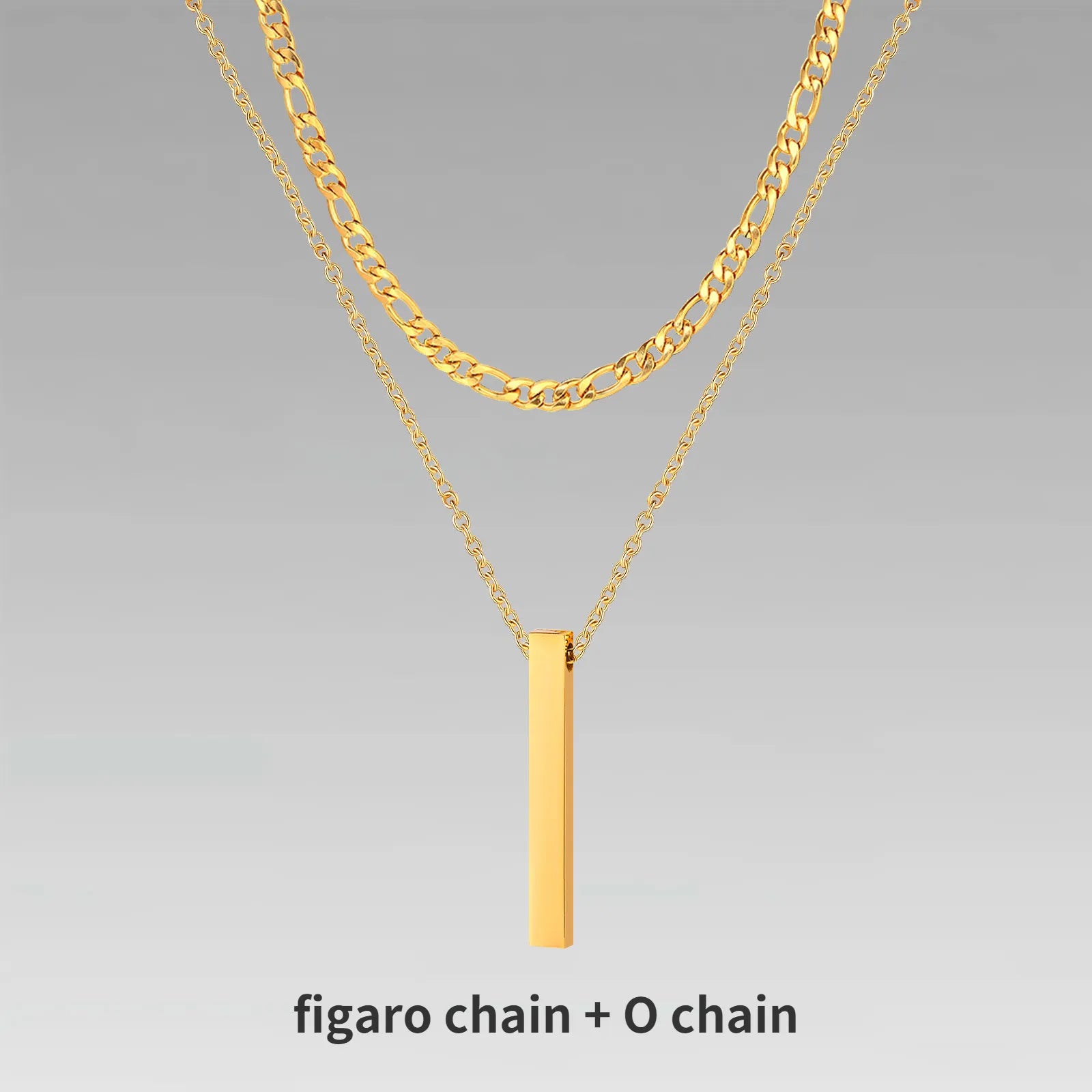 Vertical Bar Pendant Double Chain Necklaces for Men - Dagger & Diamond Gold Figaro + O-Chain