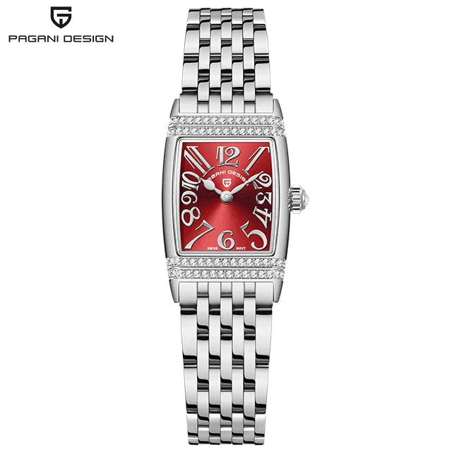 PAGANI DESIGN PD-1737L Luxury Quartz Watch for Women - Dagger & Diamond Silver Red