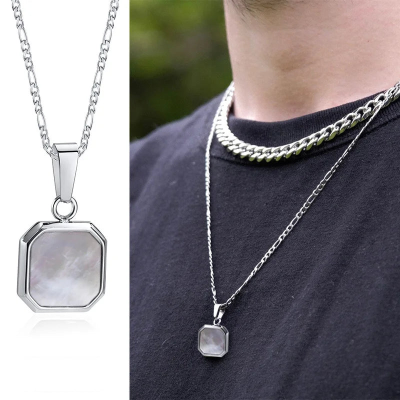 Geometric Square Pendant Necklaces for Men - Dagger & Diamond White Figaro Silver / 45cm 18inch