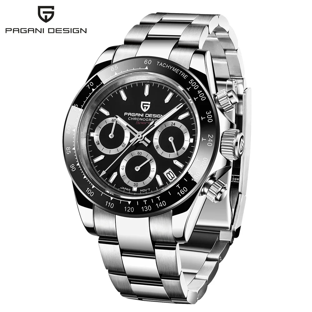 PAGANI DESIGN PD-1644 Ceramic Chronograph Sport Quartz Watches for Men - Dagger & Diamond Black Stainless