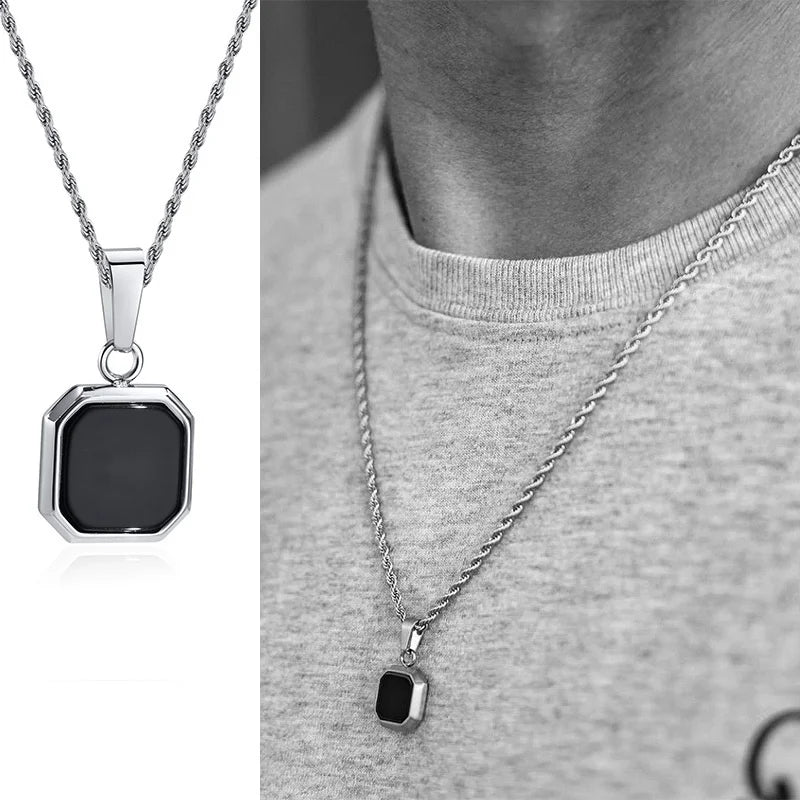 Geometric Square Pendant Necklaces for Men - Dagger & Diamond Black Rope Silver / 45cm 18inch